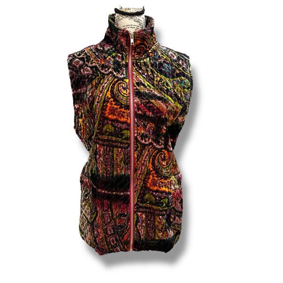 Chicos Size 2 (L) Velvet Paisley Colorful Zip Vest Jacket Art to wear Boho - Picture 1 of 5